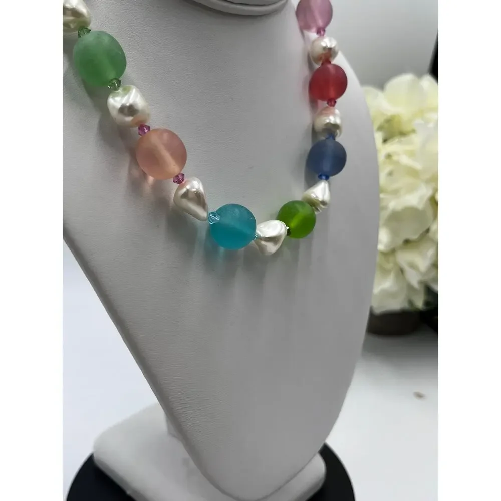 Gum Drop Candy Colored Beaded White‎ Faux Pearl Single Strand Necklace New